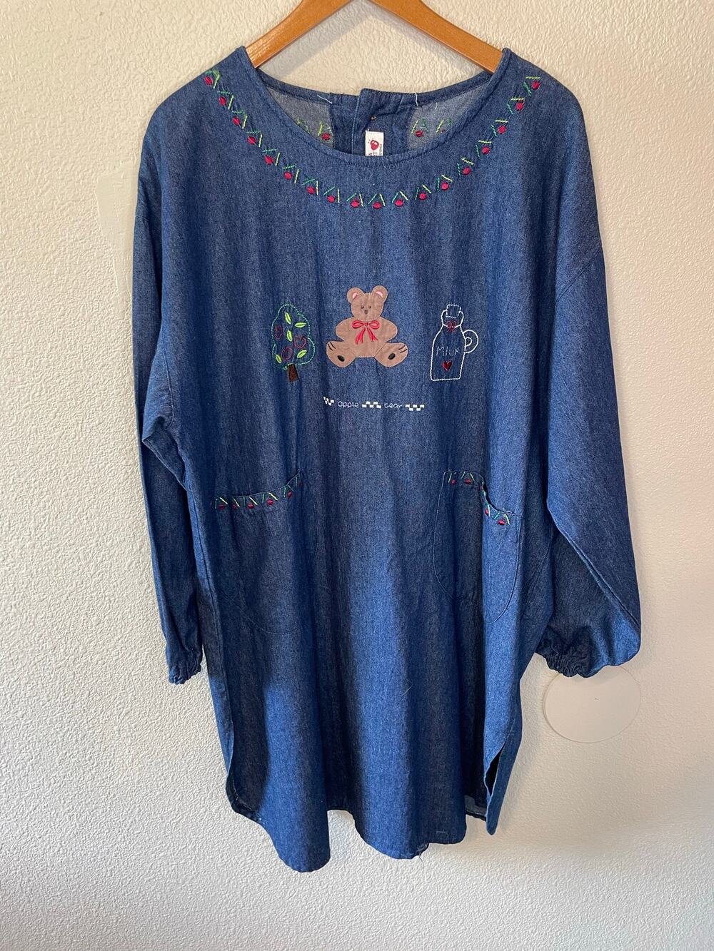 Kuma Heart Denim Long Sleeve Teacher Cottage Core Knee Length Shirt Dress XXL